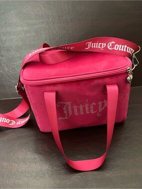Juicy Couture Hot Pink Rhinestone Logo Lunch Box/Cosmetic Case w Branded Strap